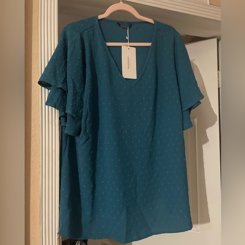 BloomChic Teal Dot V-Neck Ruffle Sleeve Top - Picture 1 of 4